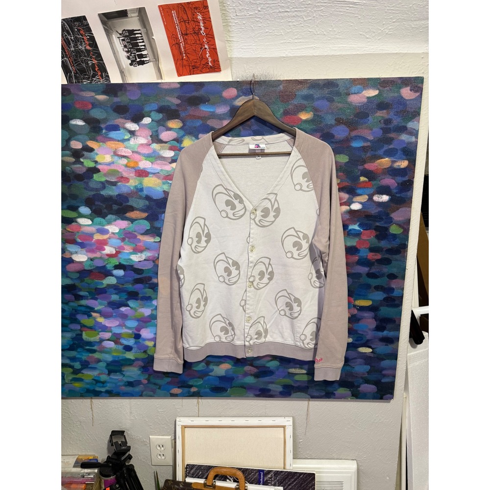 Kidrobot Robot Head Graphic Button Front Cardigan Sweatshirt Tan Grey Mens M
